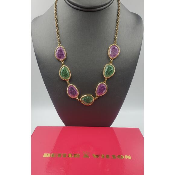 Vintage Butler and Wilson Crackled Pink Rose & Green Glass Stone Necklace in Box - Picture 1 of 6